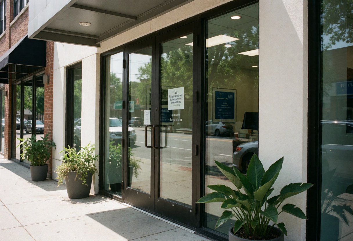 Exterior view of a computer support business entrance featuring glass doors, potted plants, and street reflections.