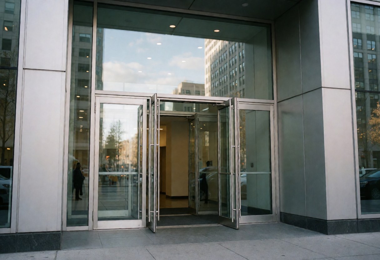 Clean and professional entrance to a modern corporate building featuring glass doors and city reflections.