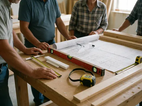 Four adults examine architectural plans on a wooden table surrounded by carpentry tools like a level, tape measure, and safety glasses.