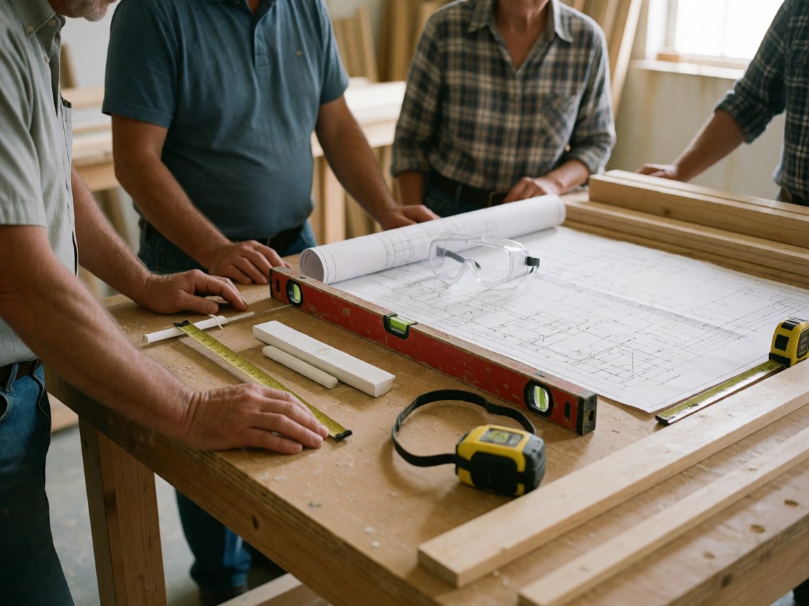 Four adults examine architectural plans on a wooden table surrounded by carpentry tools like a level, tape measure, and safety glasses.