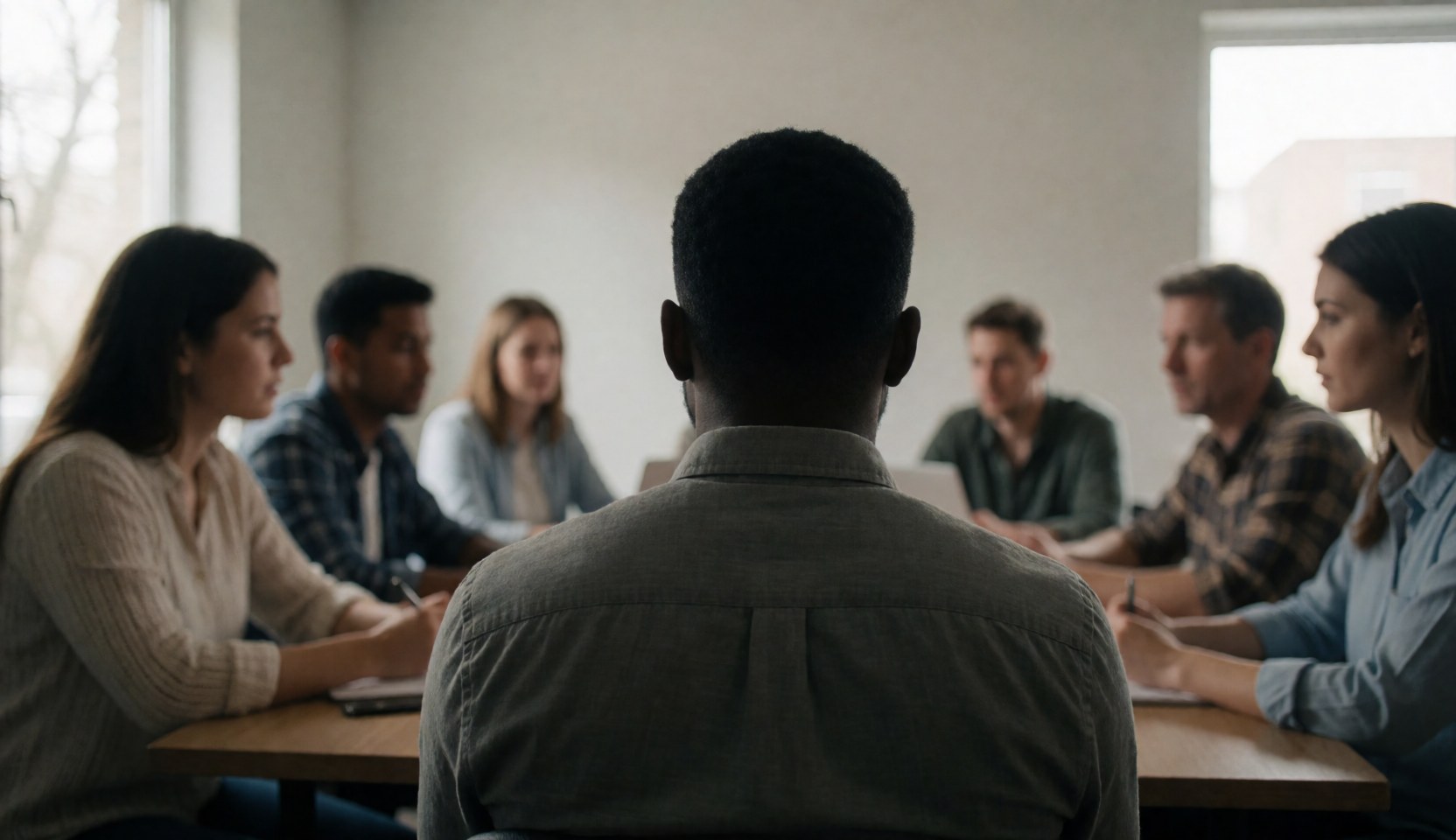Back view of consultant leading team meeting in professional conference room