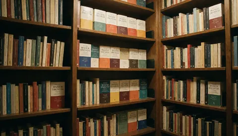 Wooden shelves filled with Spanish dictionaries in a warm academic library setting, suitable for language learning backgrounds
