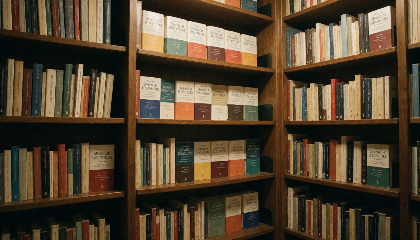 Wooden shelves filled with Spanish dictionaries in a warm academic library setting, suitable for language learning backgrounds