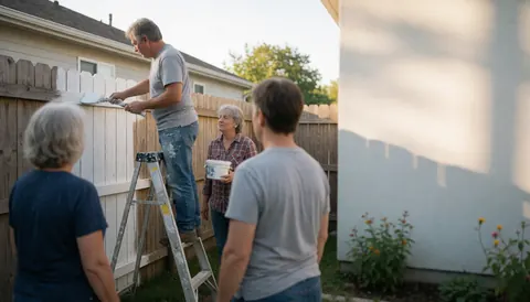 A man on a ladder paints a white wooden fence in a backyard while two people watch in the soft afternoon light.