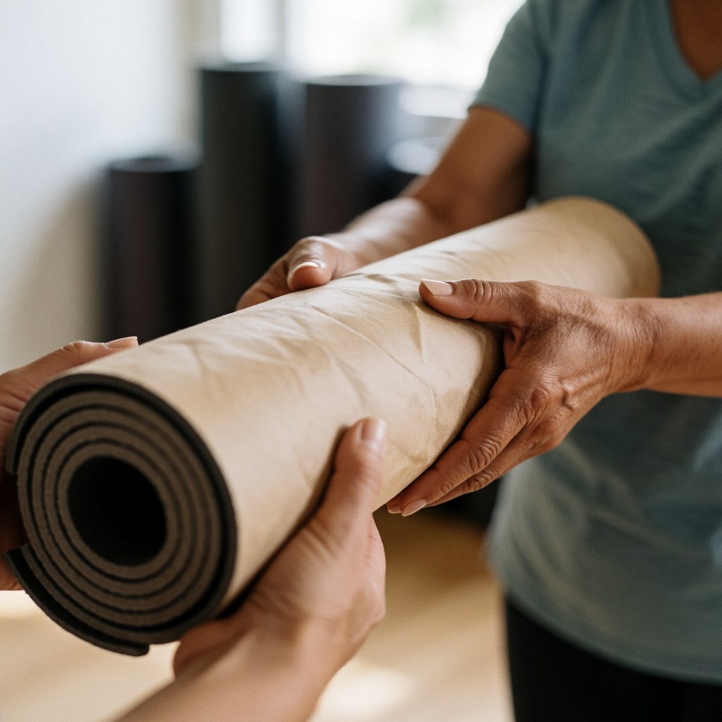 Close-up of adult hands holding a rolled yoga mat with a blurred fitness studio background