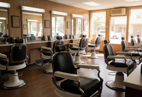 Empty barbershop interior featuring classic chairs, mirrors, wooden walls, and natural light from windows creating a clean atmosphere