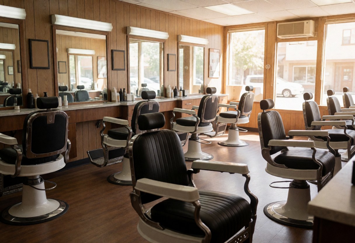 Empty barbershop interior featuring classic chairs, mirrors, wooden walls, and natural light from windows creating a clean atmosphere