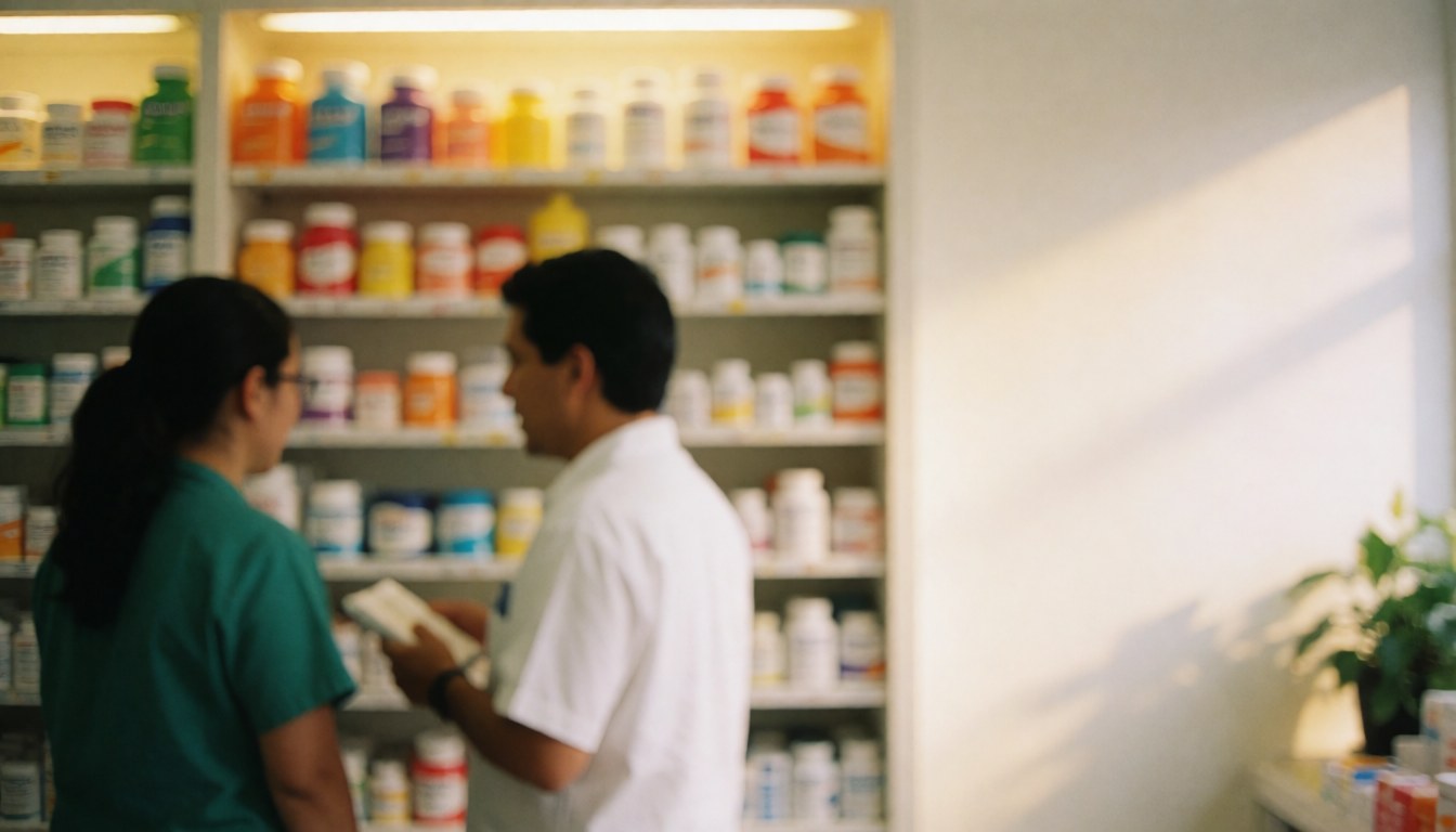 Blurred pharmacy shelves with warm lighting and empty space on the right for text overlay