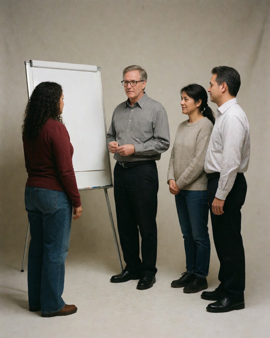 Four professionals in a meeting, one man with glasses speaks at a whiteboard while three others listen attentively in a business setting