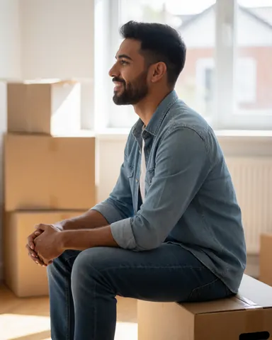 A smiling young man sits inside a cardboard moving box in his new home, surrounded by other boxes and sunlight, looking satisfied after the move.