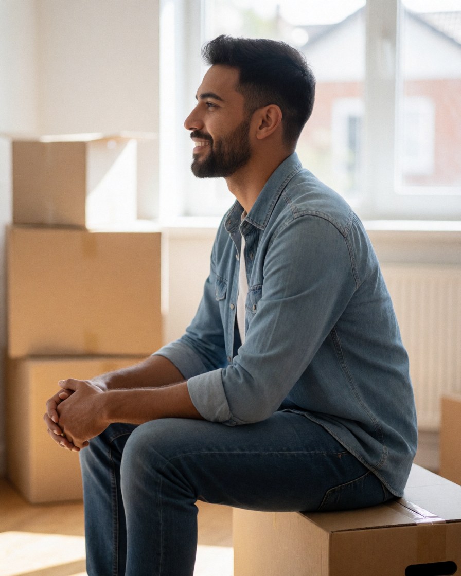 A smiling young man sits inside a cardboard moving box in his new home, surrounded by other boxes and sunlight, looking satisfied after the move.