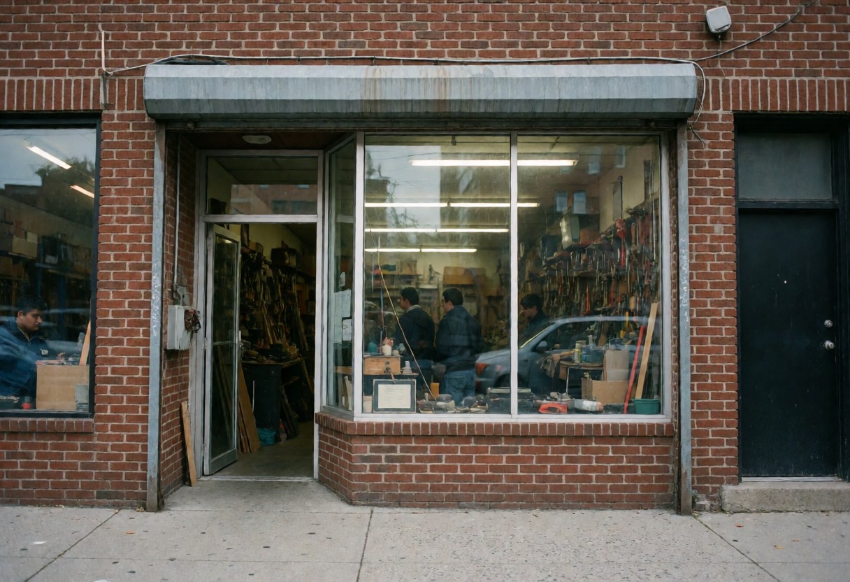 Exterior view of a tool workshop featuring a display window, brick facade, and people working inside the realistic business setting.