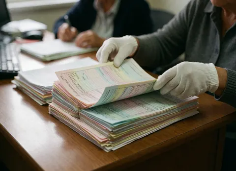A woman wearing white gloves organizes and reviews colorful accounting papers on a polished wooden office desk