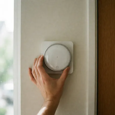Hand installing a modern smart thermostat on a beige wall near a wooden door frame and window