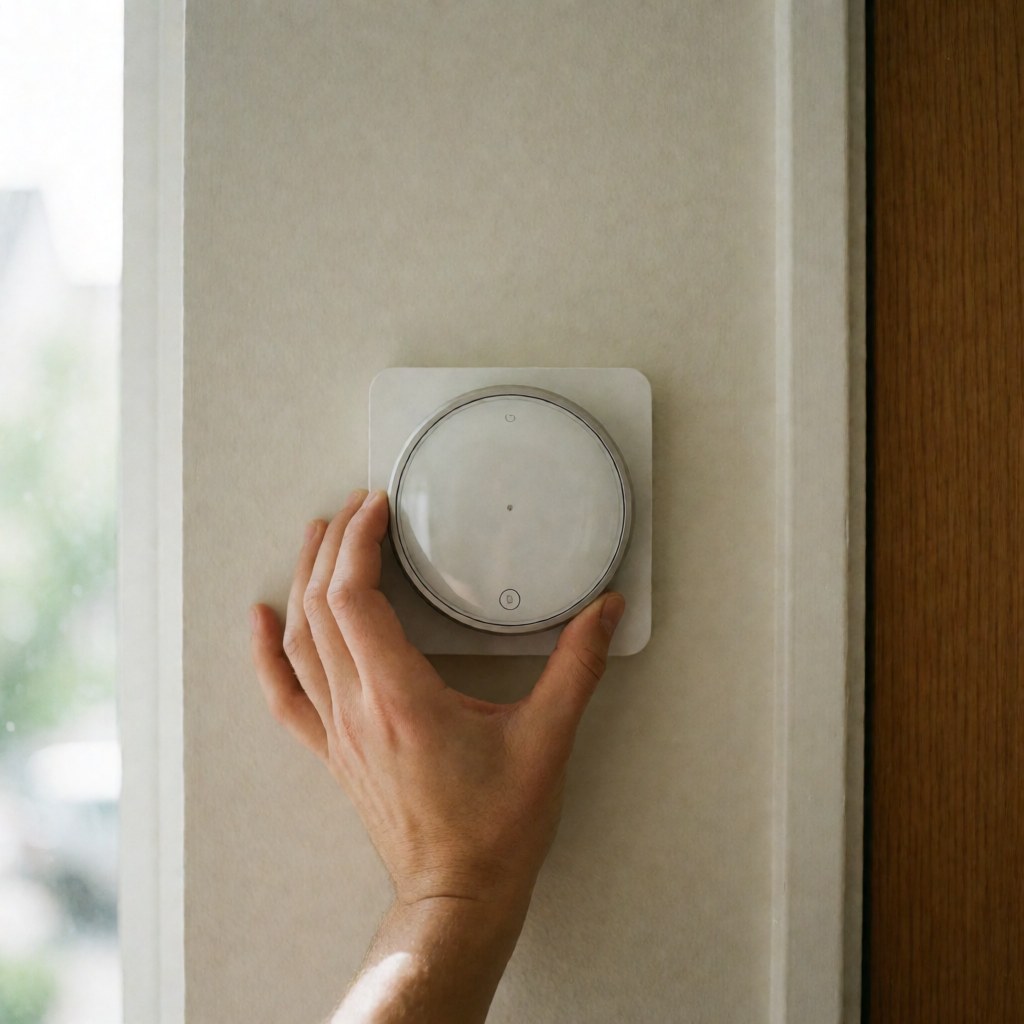Hand installing a modern smart thermostat on a beige wall near a wooden door frame and window