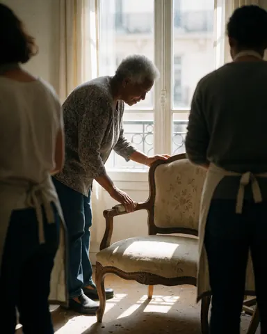 An older woman with white hair touches a vintage floral chair while two people in aprons watch nearby in a bright room with windows.