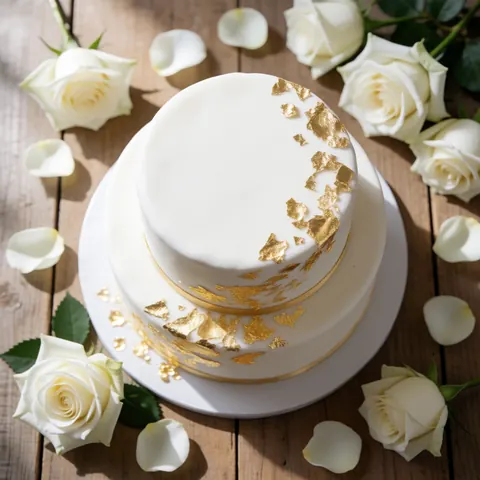White wedding cake with gold accents surrounded by white roses and petals on a rustic wooden table