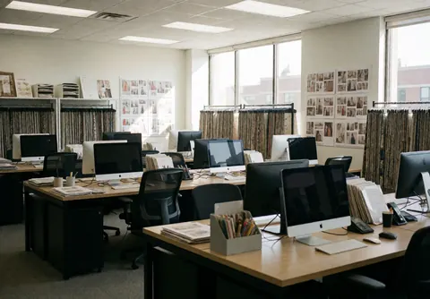 Bright event planning office featuring furniture, computers, fabric swatches, and design boards on the walls illuminated by natural light
