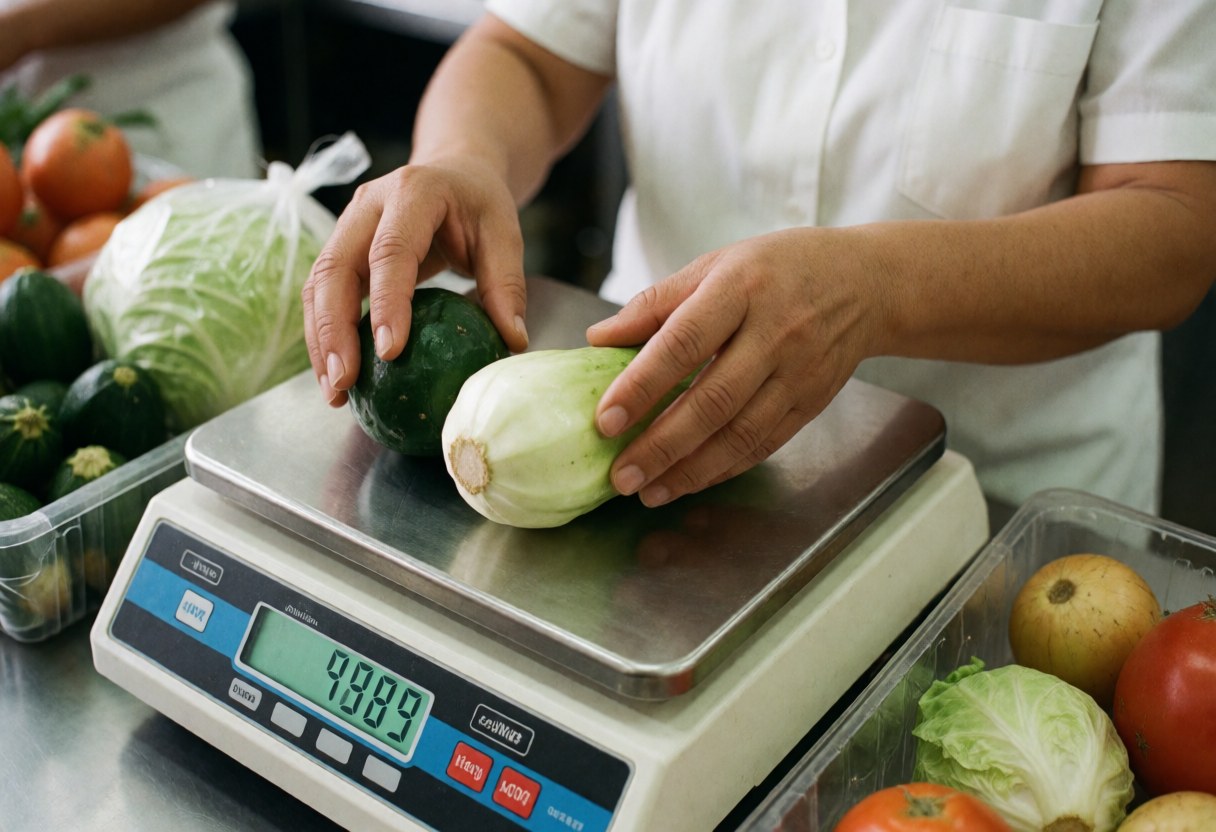 Close up of a woman weighing carrots and zucchini on a digital scale in a grocery store, displaying the weight on the screen.