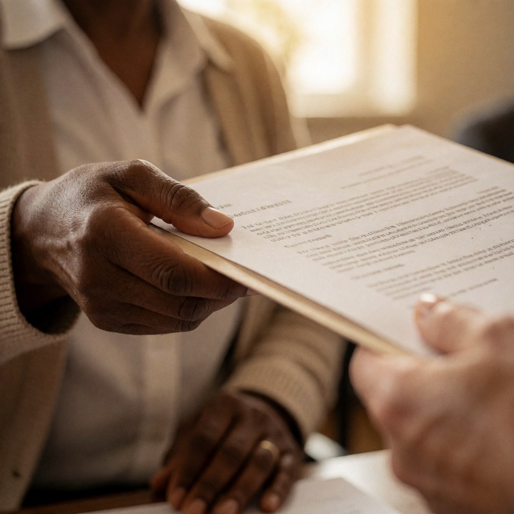 Close-up of a woman's hand handing over documents to a client during a professional interaction with warm natural lighting