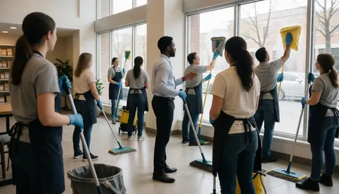 Professional cleaning staff maintaining a spacious office lobby, with some members cleaning windows and others mopping the floor under natural light.