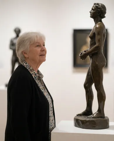 An older woman looks with interest at a bronze sculpture in an art gallery with soft light and blurred background
