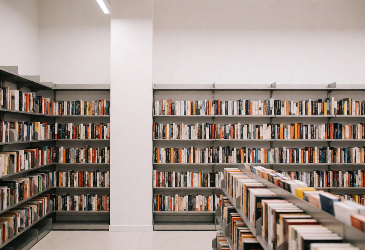 Interior of a modern bookstore featuring metal shelves filled with books, white walls, and light flooring