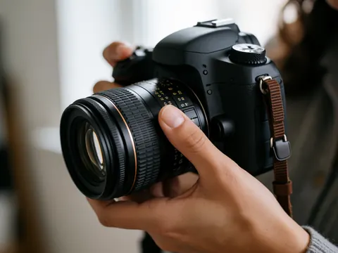 Close-up of hands adjusting the focus ring on a DSLR camera lens with soft natural light and blurred background