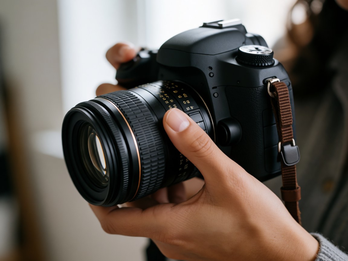 Close-up of hands adjusting the focus ring on a DSLR camera lens with soft natural light and blurred background