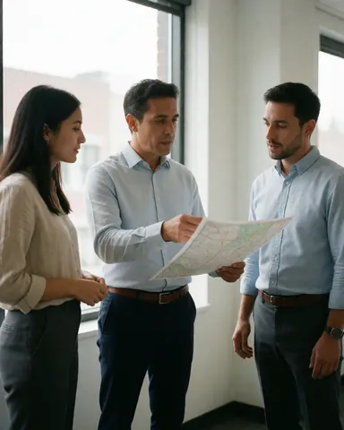 Three professionals in an office review a map, with one pointing out a route while natural light streams through a window