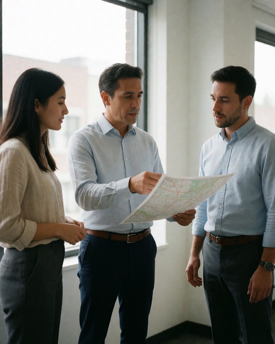 Three professionals in an office review a map, with one pointing out a route while natural light streams through a window