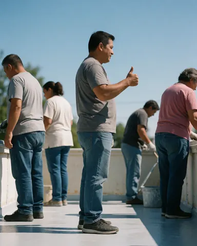 A satisfied homeowner gives a thumbs up in front of his freshly painted wooden deck while workers continue painting in the background on a sunny day.