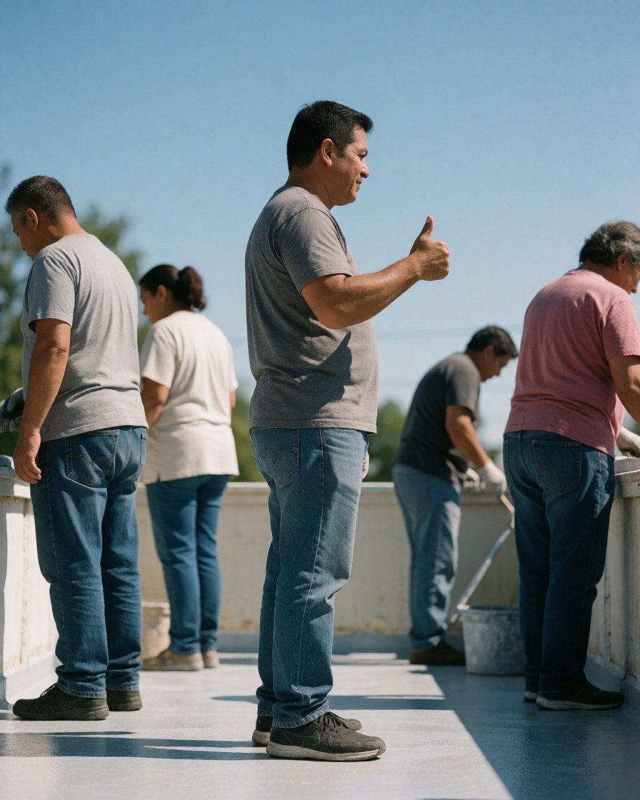 A satisfied homeowner gives a thumbs up in front of his freshly painted wooden deck while workers continue painting in the background on a sunny day.