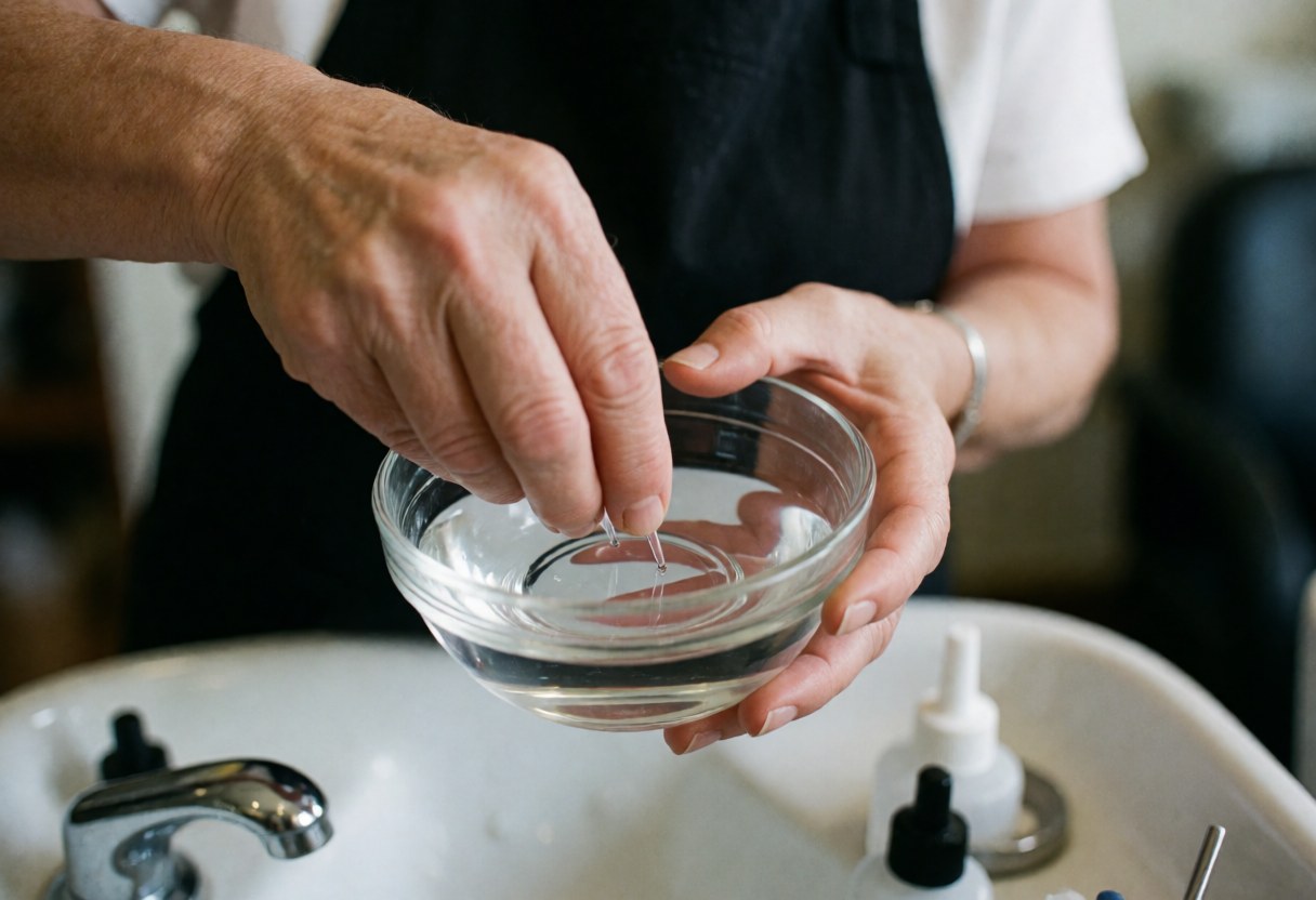 Hands mixing liquid in a glass bowl on a sink in a nail salon with a blurred background and natural light
