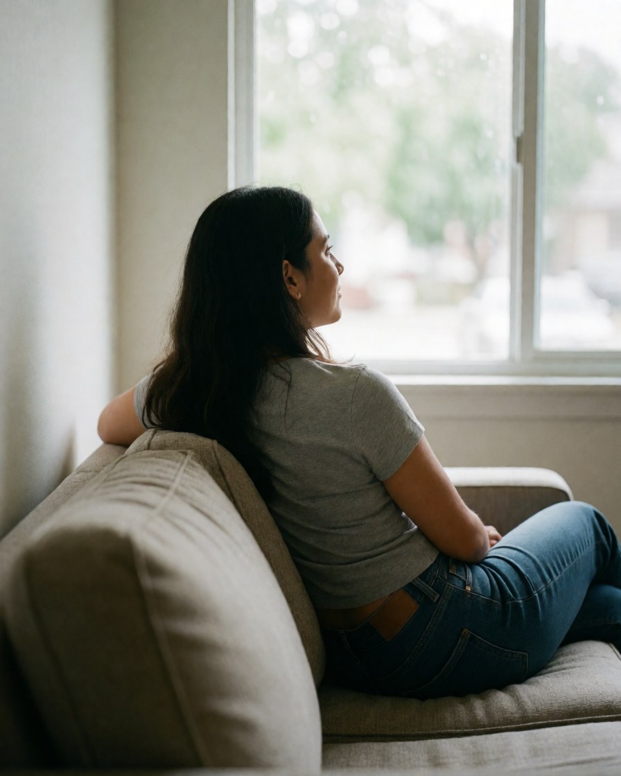A young woman sits on a new sofa with her back to the camera, gazing out a window filled with natural light to enjoy the comfortable interior space.