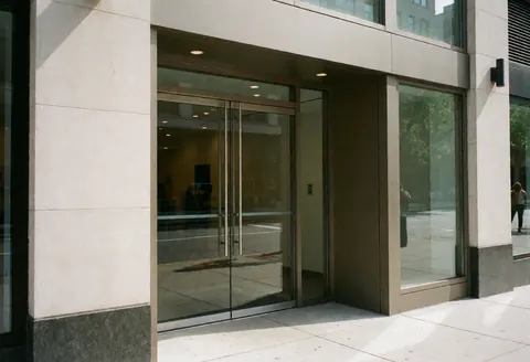 Modern commercial storefront entrance featuring glass doors and a reflective facade facing the street