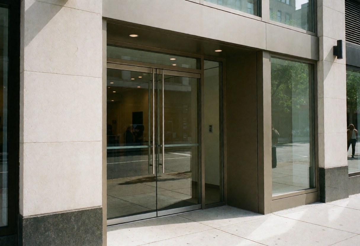 Modern commercial storefront entrance featuring glass doors and a reflective facade facing the street