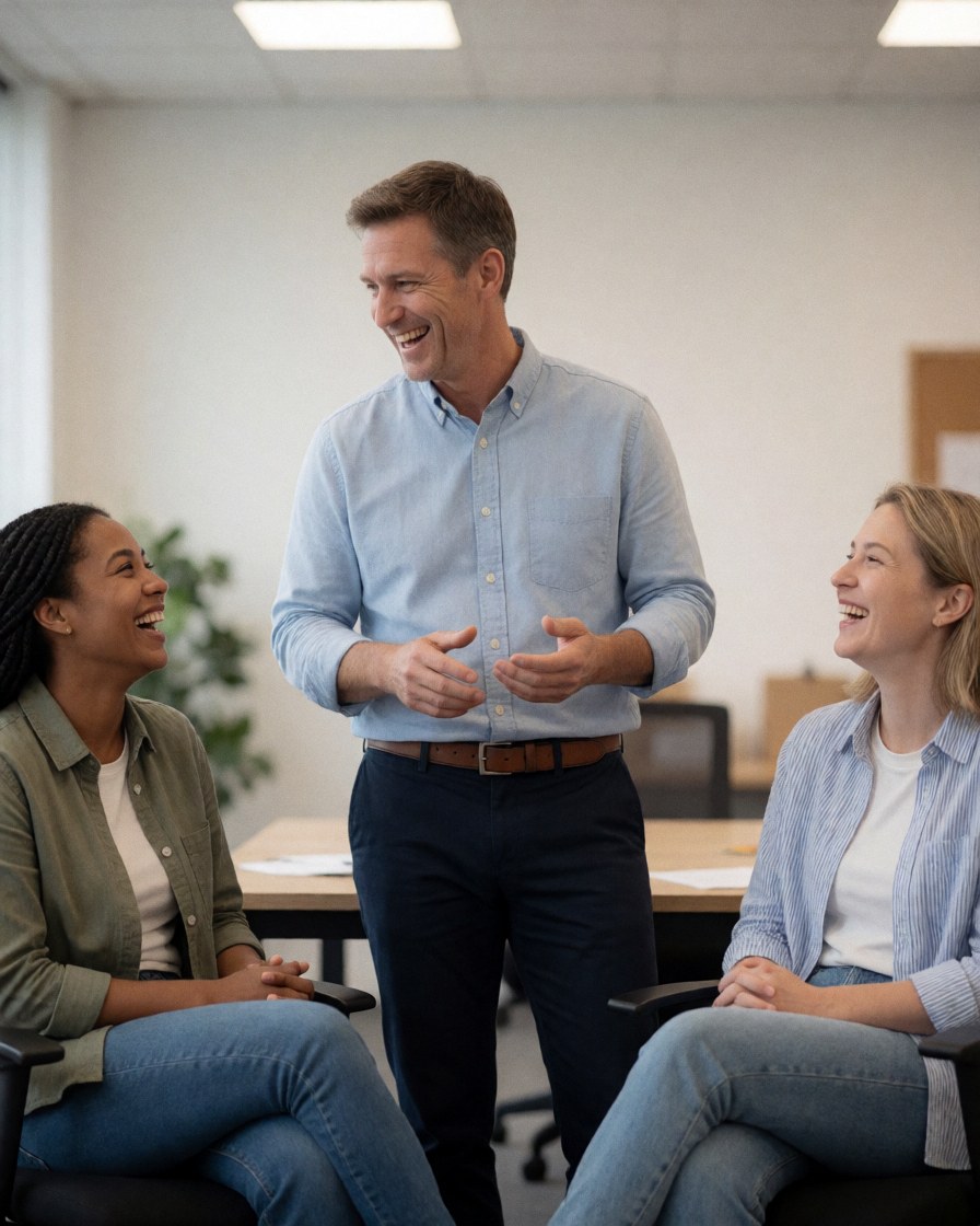 Three people of different ages and races laughing together in a bright modern office meeting with professional furniture