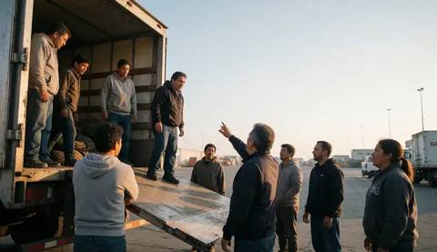 Supervisor guiding his team while loading cargo onto a truck at an industrial port during sunset with golden light