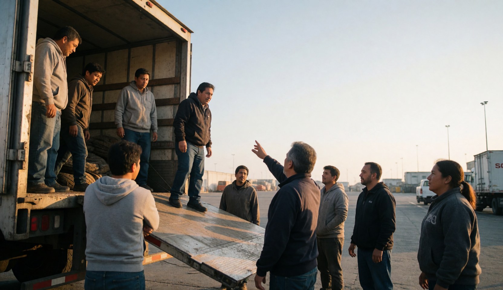Supervisor guiding his team while loading cargo onto a truck at an industrial port during sunset with golden light