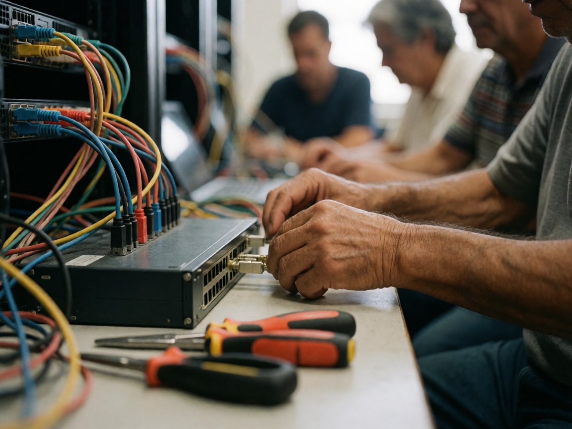 Close-up of technician hands connecting cables to a network switch with blurred servers and tools in the background