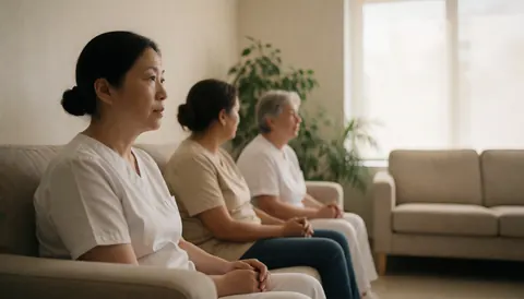 Three women sitting on sofas in a veterinary clinic with plants and natural light creating a calm atmosphere