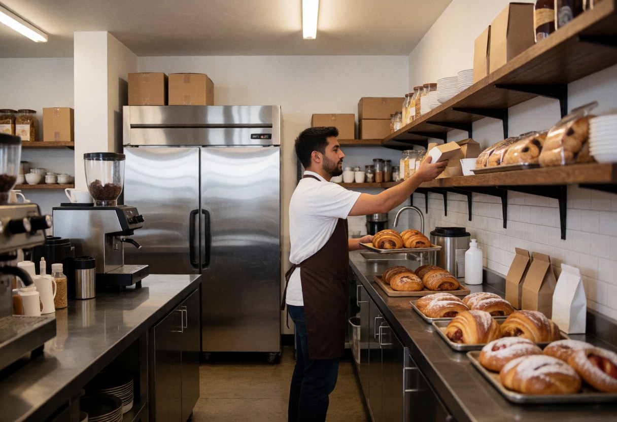 A barista arranges baked goods on shelves in a coffee shop kitchen with a refrigerator and equipment in the background