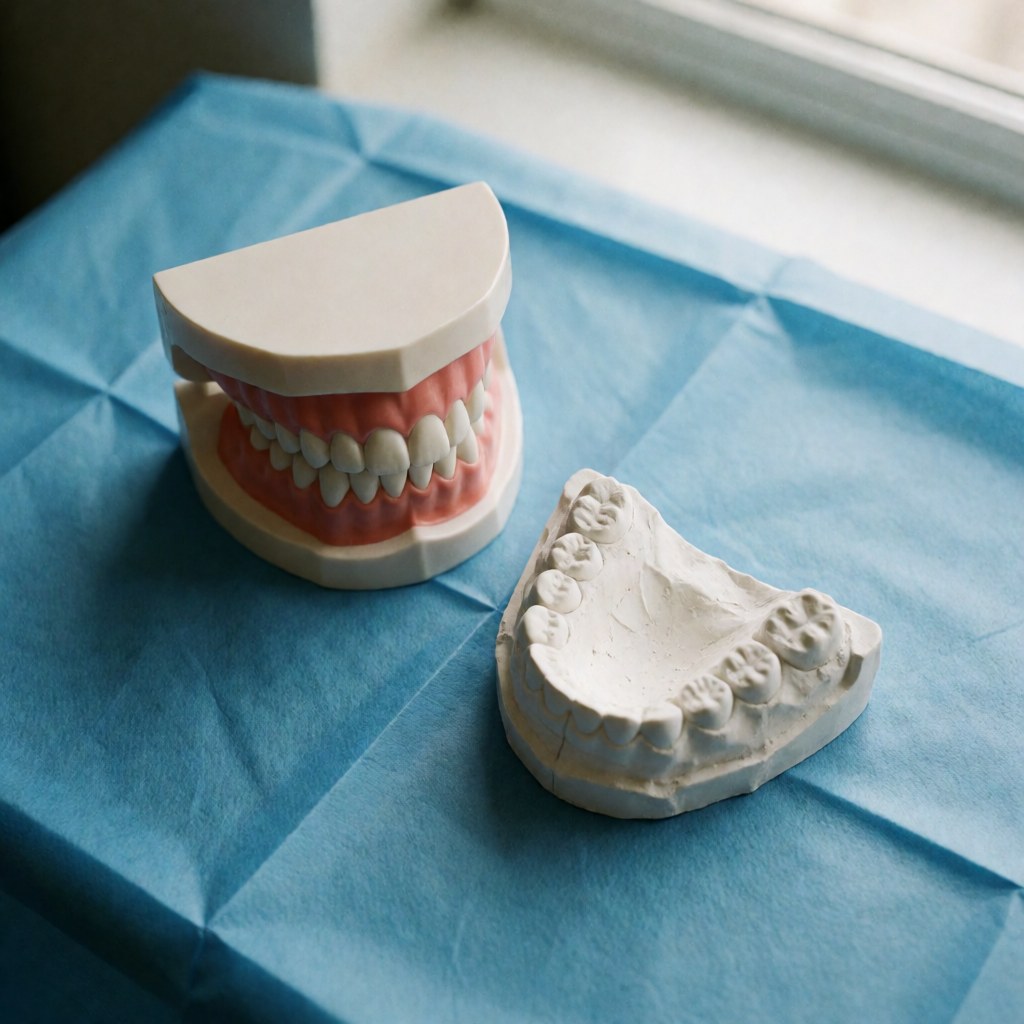 White tooth dental model and plaster cast displayed on a blue drape for professional dental clinic use