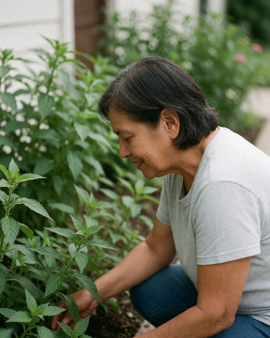 A smiling older woman with dark hair and a gray shirt crouches among lush green plants in a sunny garden with a white wall background.