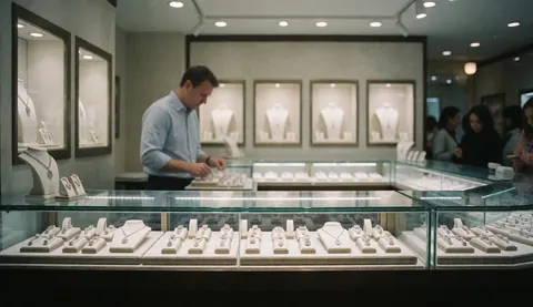 Interior view of a jewelry store featuring glass display cases, jewelry, and staff assisting customers in a serene professional atmosphere
