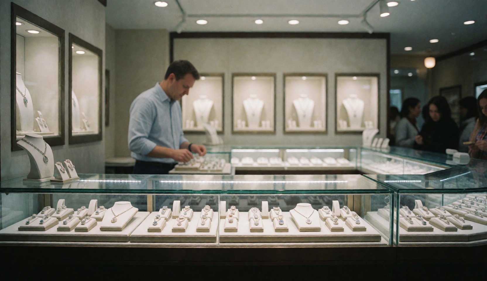 Interior view of a jewelry store featuring glass display cases, jewelry, and staff assisting customers in a serene professional atmosphere