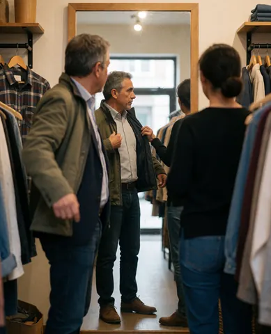 An older man tries on a jacket in front of a mirror in a clothing store with racks and warm lighting around.