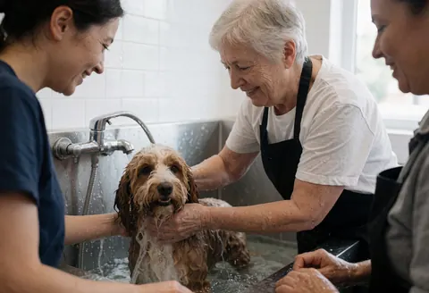 A professional groomer washes a dog in a grooming tub while smiling, demonstrating care and hygiene.