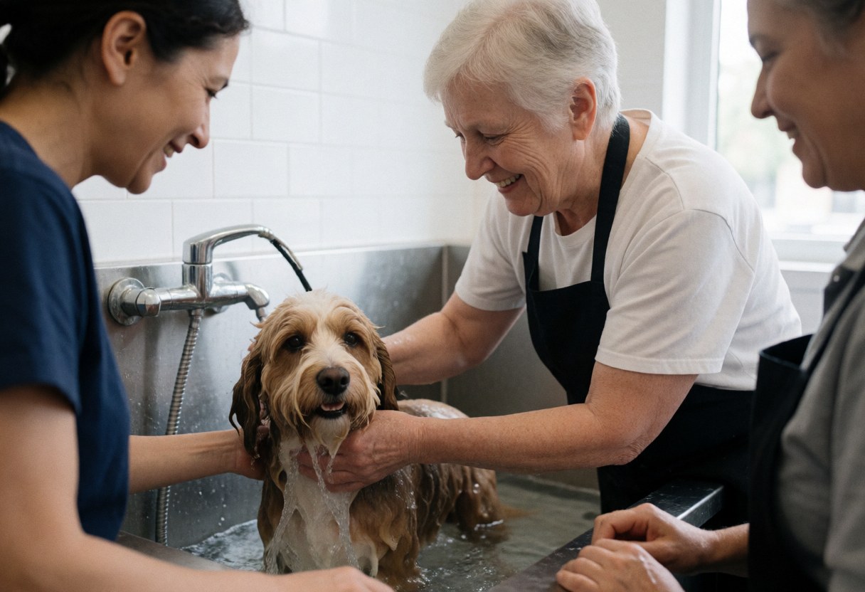 A professional groomer washes a dog in a grooming tub while smiling, demonstrating care and hygiene.